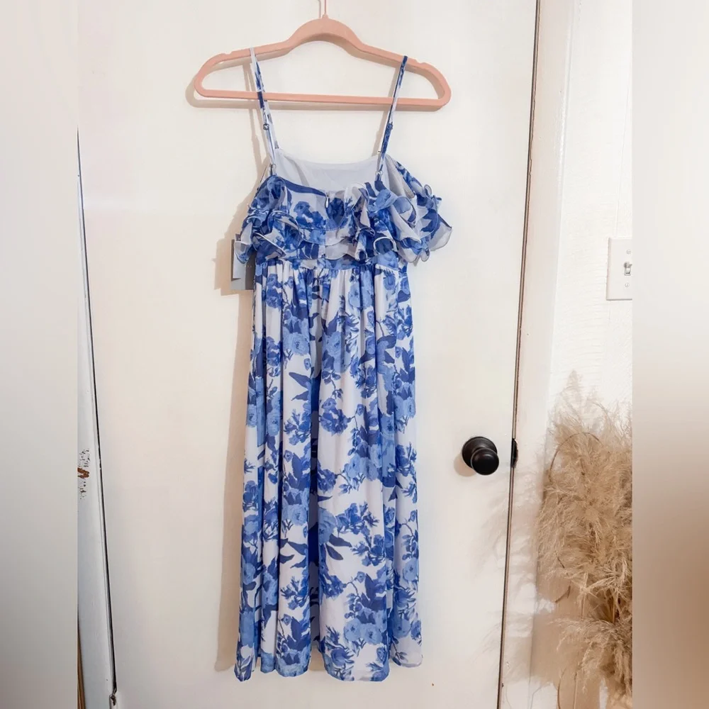 NWT Chelsea28 Blue Floral Printed Tiered Ruffle Chiffon Midi Dress